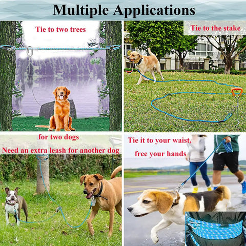 Go To Reflective Dog Tie Out Cable 50Ft For Camping And Backyard Built Tough Runner Trolley System For Dogs Up To 300 Lbs Outdoor Zip Line Long Leash With Handle And Removable Connection Ring shown in multiple applications