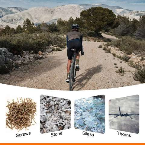 Cyclist on road with 2 Pack TPU Road Bike Tire Liners For 20 To 23c Tires; inset showing screws, stones, glass, and thorns.