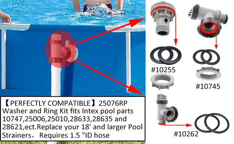 Washer and Ring Kit for One And One Half Inch Fittings with O Ring Rubber Washers for Intex Pool Plunger Valves and Replacement Gaskets 12 Piece Set For Intex Pools displayed near pool valve and hose connection.