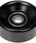 Dorman 419-672 accessory drive belt idler pulley, front view, black with silver bearing.