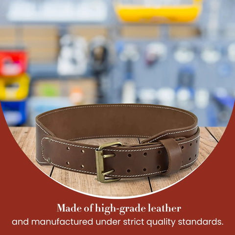 3 Inch Wide Tapered Full Grain Leather Work Belt For Men, in dark tan, showing heavy duty stitching and brass buckle on table