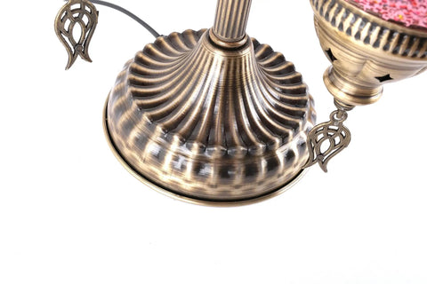 Close-up of Three Globe Turkish Mosaic Table Lamp Lilac Purple Globe Light base, showing brass material and cord.