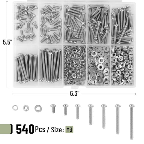 540 Piece Stainless Steel Nuts And Bolts Assortment Kit With Washers And Screws M3 Range in labeled box, seven sizes shown.