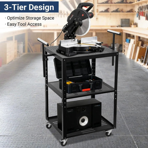 Planer Stand With Roller, 27.6 In By 24 In Tabletop, Height Adjustable From 31 To 44.7 In, 550 Lb Capacity, Four Swivel Casters And Storage Shelves