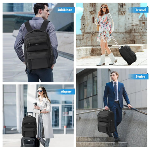 Rolling Laptop Backpack With Wheels For Travel, 17.7 Inch Carry On Wheeled Backpack For Men And Women, Durable 900D Oxford, Reflective Safety Strip, 