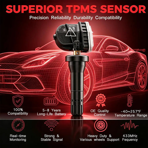 Fresh 4 Pack 433MHz TPMS Tire Pressure Sensors Plug And Go Direct OEM Replacement with temperature range and durability features.