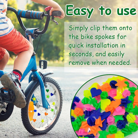 Child's bike with 180 Pieces Colorful Bike Wheel Spoke Beads Clips, demonstrating easy installation and assorted bright colors.