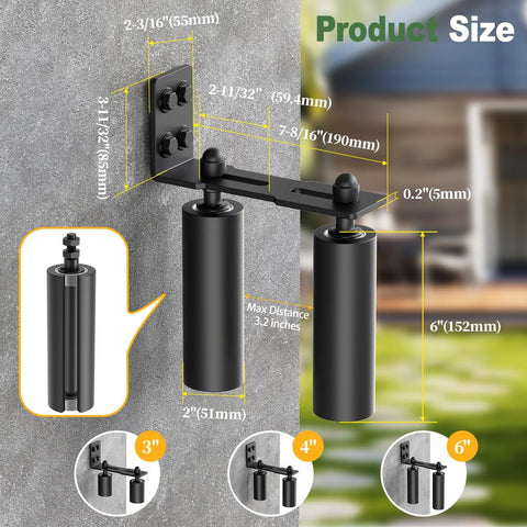 Heavy Duty Sliding Gate Roller Hardware Kit With Steel Wall Mount Bracket And Nylon Roller Guide For Rolling Doors Garage Gates And Wood Gates Adjustable Bracket For Precise Alignment Black Finish 6 Inch displayed with dimensions and installation guide.