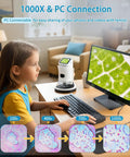 Kid Friendly Digital Microscope With Four Magnification Levels 100x, 400x, 700x, 1000x, 1080P 2 Inch HD Screen, Photo And Video Capture, USB Rechargeable, Ideal Science Toy For Curious Kids Aged 8 To 12 showing a child using it with PC monitor