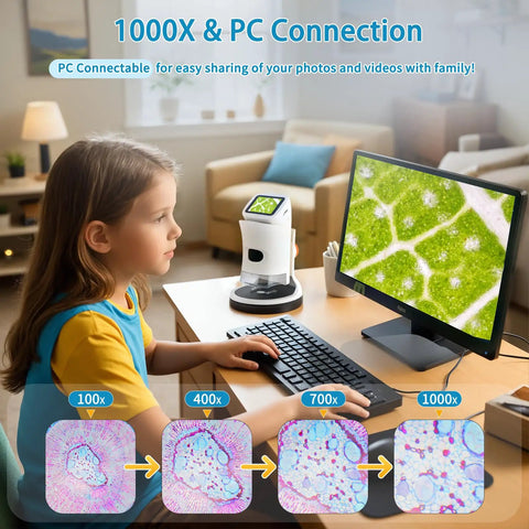 Kid Friendly Digital Microscope With Four Magnification Levels 100x, 400x, 700x, 1000x, 1080P 2 Inch HD Screen, Photo And Video Capture, USB Rechargeable, Ideal Science Toy For Curious Kids Aged 8 To 12 showing a child using it with PC monitor