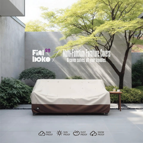 3-Seater Outdoor Sofa Cover Waterproof Heavy Duty Patio Furniture Cover All Weather Protection for Beige and Brown Outdoor Couch Fits Up To 76W X 32D X 31H Inches Shields Benches Loveseats and Sofas From Rain and Sun on patio.