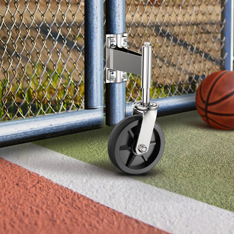 Eight Inch Heavy Duty Fence Gate Wheel With Spring Loaded Shock Absorber For Metal Tube Gates mounted on a blue metal gate.