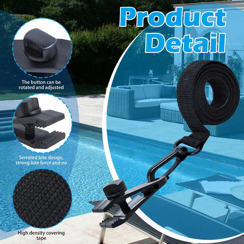 Heavy Duty Pool Solar Cover Reel Clips And Straps Kit Featuring Micro Serrated Teeth For Dead Simple Setup And Rock Solid Grip On Large Underground Swimming Pools 24 Piece Set showing adjustable button, serrated clip design, and durable strap.