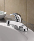 Chrome Centerset Bathroom Sink Faucet With Single Handle And Pop Up Drain No Fuss 4 Inch Centerset Fit For 3 Hole Vanity Easy Install Includes Drain Assembly Lifetime Warranty installed on a ceramic sink
