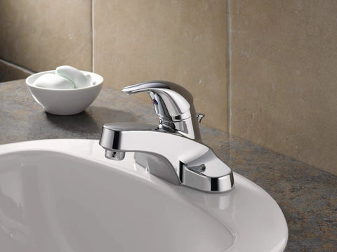 Chrome Centerset Bathroom Sink Faucet With Single Handle And Pop Up Drain No Fuss 4 Inch Centerset Fit For 3 Hole Vanity Easy Install Includes Drain Assembly Lifetime Warranty installed on a ceramic sink