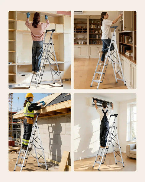 Six Step Folding Ladder With Wide Anti Slip Pedals And Comfort Handgrip Aluminum Portable Stepladder 330 Lbs Capacity Go To Everyday Workhorse For Kitchen Garage Office And Warehouse Lightweight Silver used in home and work tasks