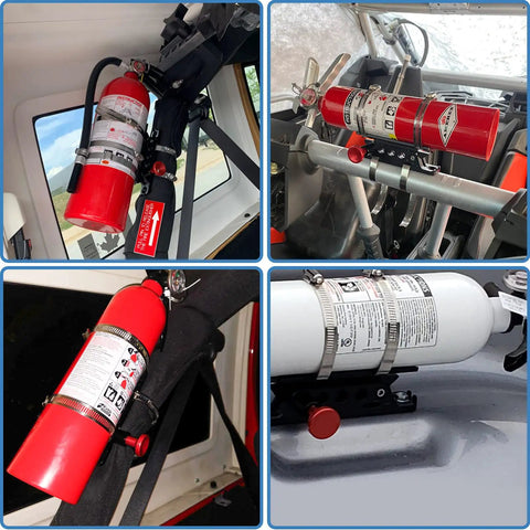 Rugged Aluminum Fire Extinguisher Mount Bracket With Four Clamps For Jeep Wrangler TJ JK JL JKU And UTV Polaris RZR Ranger Quick Release Design One Hand Quick Release Knob mounting examples on vehicles