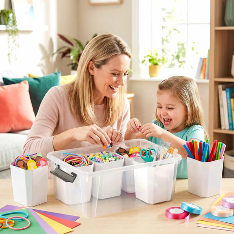 Mother and daughter using Clear Plastic Storage Bins With Lids 17 Qt Set, Multipurpose Stackable Containers for crafts.