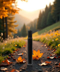 Sturdy Steel 25.4mm Bike Seat Post For Kids Bicycles Black Finish placed on a scenic path surrounded by autumn leaves and trees.