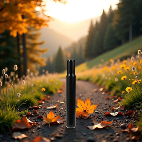 Sturdy Steel 25.4mm Bike Seat Post For Kids Bicycles Black Finish placed on a scenic path surrounded by autumn leaves and trees.