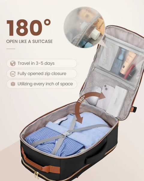 180-degree open 40L Go-To Travel Backpack For Women And Men, Airline Approved Carry-On, showing organized compartments
