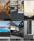 Modular Interlocking Cushion Drainage Floor Tiles 9 Pack 11.8 By 11.8 Inches PVC Raised 0.5 Inch Thick Non Slip Mats in various settings