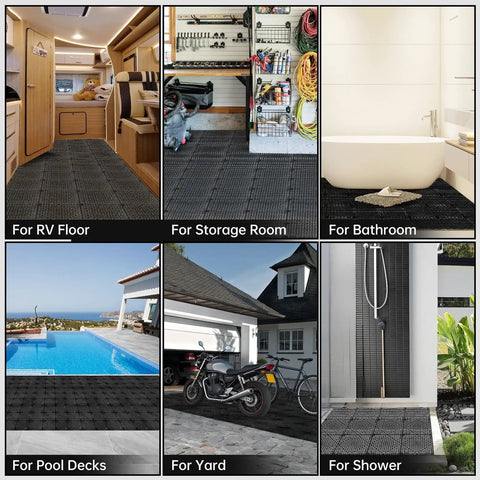 Modular Interlocking Cushion Drainage Floor Tiles 9 Pack 11.8 By 11.8 Inches PVC Raised 0.5 Inch Thick Non Slip Mats in various settings