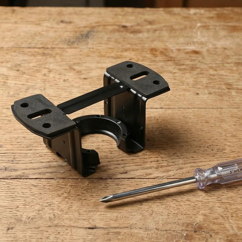 Heavy Duty Steel Ceiling Fan Mounting Bracket For Sloped And Vaulted Ceilings, Black Metal Bracket On Wooden Surface