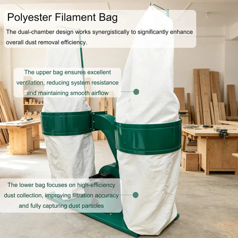 Intsuprmii Dual Bag Dust Collector For Woodworking, 2300Cfm Industrial Dust Collection System with polyester filament bags.