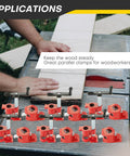 Heavy Duty Six Pack Of Half Inch Pipe Clamps For Woodworking, built tough cast iron clamps securing wood on a workbench.
