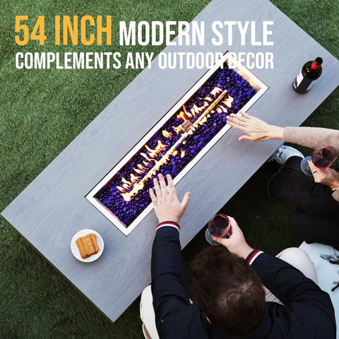 Top view of 54 Inch Propane Fire Pit Table With Rain Cover For Outdoor Patio Backyard Or Deck 50 000 BTU Gas Heater Rectangular Modern Wood Look Fire Pit Durable Stainless Steel Burner Bowl Effortless Setup And Use, with people enjoying drinks.