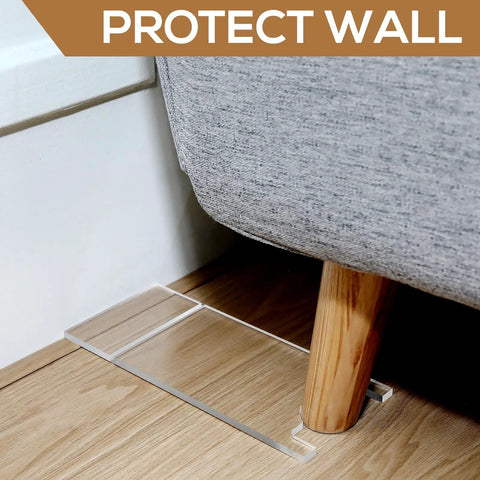 Slick Clear Couch Wall Spacers And Furniture Stoppers To Shield Your Sofa Bed From Scratches While Taming Messy Cords And Keeping Your Living Room Fresh With Zero Drama Setup placed under a couch leg to protect the wall.