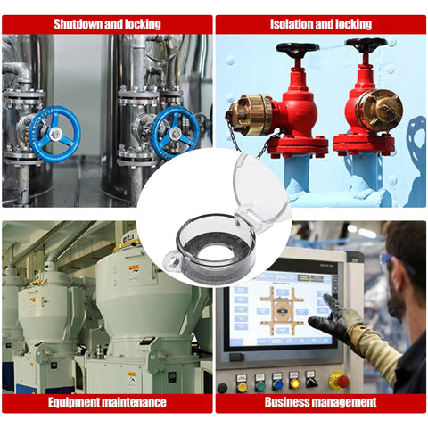 Collage with industrial equipment and 30mm Plastic Round Push Button Switch Cover Guard Clear Emergency Stop Lockout Shield