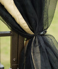 Close-up of black mesh curtain and beige fabric tied to rust-resistant steel frame of 10 Ft By 10 Ft Backyard Patio Gazebo With Double Roof Vent.
