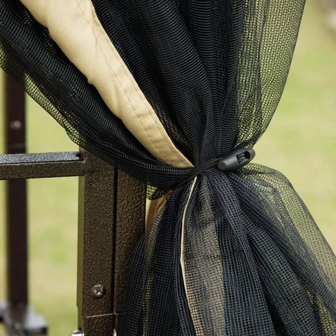 Close-up of black mesh curtain and beige fabric tied to rust-resistant steel frame of 10 Ft By 10 Ft Backyard Patio Gazebo With Double Roof Vent.