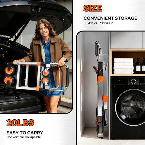 Woman holding 3 In 1 Aluminum Folding Hand Truck Dolly Cart with Wheels, showing compact storage next to washing machine, 500 lb load capacity