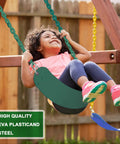 Child enjoying Toddler And Kids Swing Seat Set For Indoor Outdoor Fun, Heavy Duty High Back EVA Seats With Iron Chains, Green