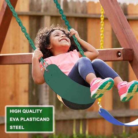 Child enjoying Toddler And Kids Swing Seat Set For Indoor Outdoor Fun, Heavy Duty High Back EVA Seats With Iron Chains, Green