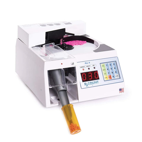 Rx-4 Automatic Pill Counting Machine Compact Digital tabletop counter with LED display and filled capsule bottle.