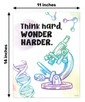 "Think hard, wonder harder" poster with microscope and DNA design, Fun 12 Chemistry Apparatus Science Posters For Classroom Kids 11x14 Matte Laminated Educational Wall Decor For Hallways Bulletin Boards Home Study Room.