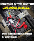 100Amp DC Circuit Breaker Manual Reset Battery Disconnect Switch Covers 12V-48V Voltage Blocks on a battery setup.