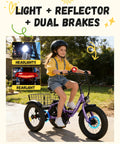 Kid Friendly 3 Wheel Electric Trike With Fat 16x3.0 Tires Folding Frame 378Wh Battery 500W Peak Motor Step Thru Design Safe 12.5 MPH For Beginners Ages 6 Plus Purple, child riding with lights and dual brakes
