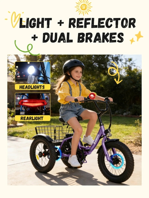Kid Friendly 3 Wheel Electric Trike With Fat 16x3.0 Tires Folding Frame 378Wh Battery 500W Peak Motor Step Thru Design Safe 12.5 MPH For Beginners Ages 6 Plus Purple, child riding with lights and dual brakes