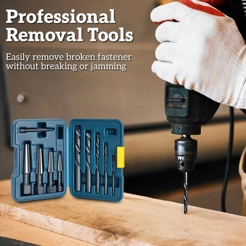 Bolt Extractor Kit 10 Piece Set With Left Hand Drill Bits And HSS M2 Steel Drill Bits, shown with drill and open case