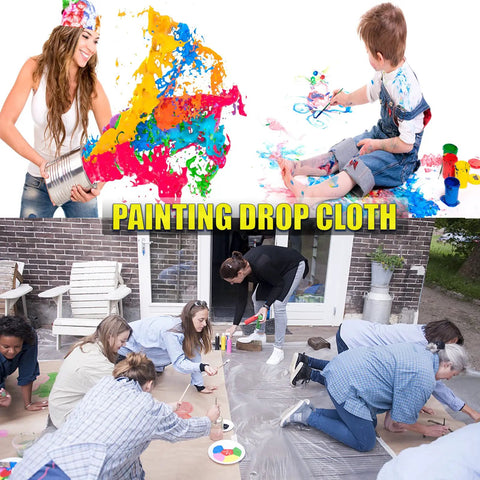 Heavy Duty 20 Pack Plastic Drop Cloths Waterproof for Painting Covers, 9x12 Feet, used during a playful outdoor art session.