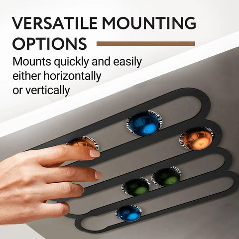 Dope Under Cabinet Capsule Organizer For Vertuo Pods 20 Capacity Adhesive shown with mounted capsules