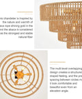 Six Light Hand Woven Rattan Pendant With Four Round Brass Frame Spheres, detailed view of woven structure and brass spheres