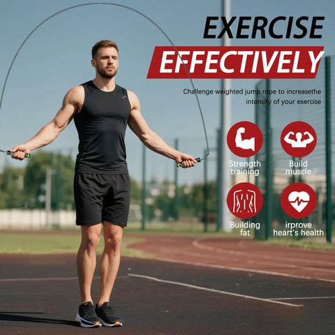 Man using Weighted Jump Rope for HIIT and MMA Training with Carbon Fiber Handle Interchangeable Ropes on track