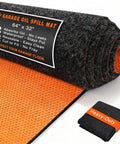Rolled heavy-duty Oil Spill Mat For Garage Floor 64x32 Inches, absorbent and waterproof, black with orange underside.