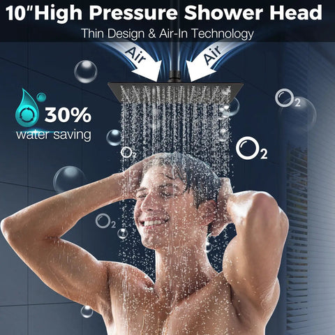 Man enjoying 10 Inch Rain Shower Head With 16 Inch Adjustable Arm Extender, All Metal Square Showerhead In Oil Rubbed Bronze, 304 Stainless Steel High Pressure Rainfall.